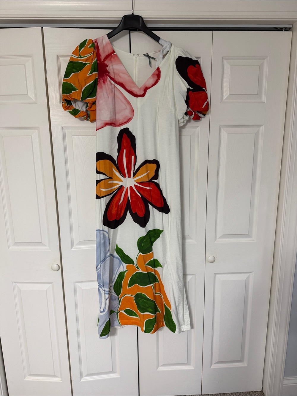 White Floral Puff-Sleeve Maxi Dress - Vibrant Multicolor Print